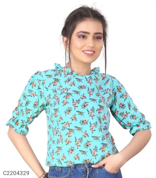 Women's Rayon Slub Floral Print Puff Sleeves Top - Blue, S