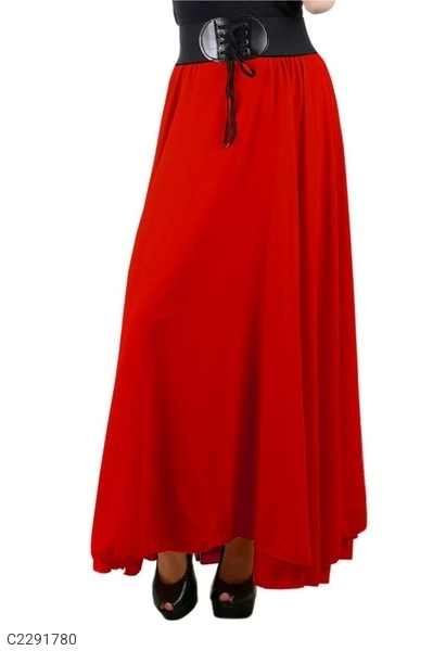 Women's Georgette Solid Flared Long Skirt with Belt - Red, 28