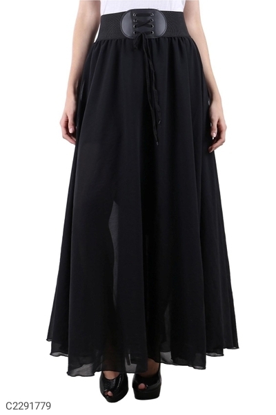 Women's Georgette Solid Flared Long Skirt with Belt - Black, 28
