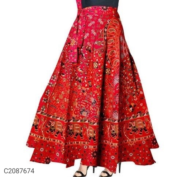 FREE SIZE Women's Cotton Printed Wrap Around Long Skirt - Red