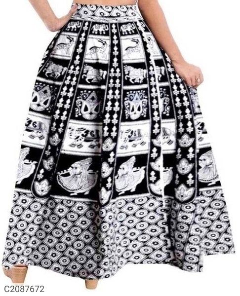 FREE SIZE Women's Cotton Printed Wrap Around Long Skirt - Black