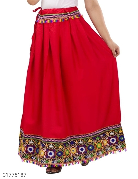 Women's Rayon Embroidered Skirts - Red, S