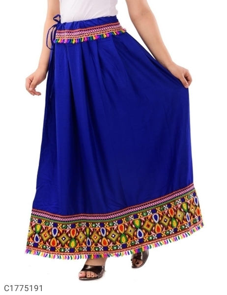 Women's Rayon Embroidered Skirts - Blue, L