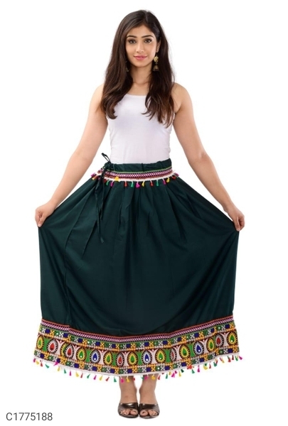Women's Rayon Embroidered Skirts - Green, L