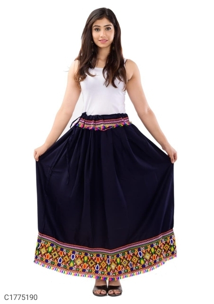 Women's Rayon Embroidered Skirts - Black, M