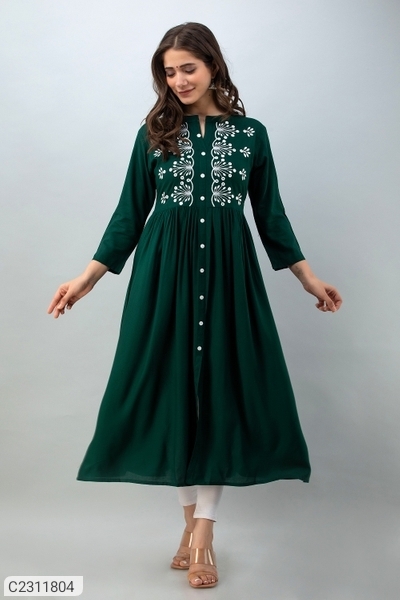 Attractive Rayon Embroidered Kurti - Green, L