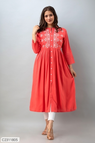 Attractive Rayon Embroidered Kurti - Red, L