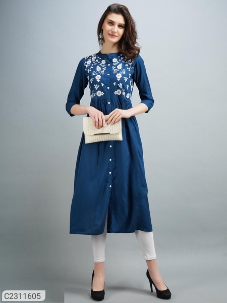 Beautiful Rayon Embroidered Kurti - Blue, XL