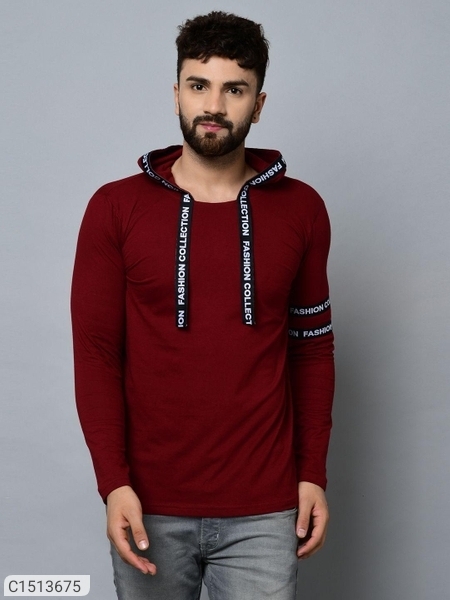 Cotton Blend Solid Full Sleeves Hoodie T-Shirt - Maroon, L-42