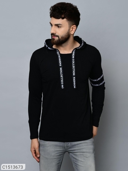 Cotton Blend Solid Full Sleeves Hoodie T-Shirt - Black, L-42
