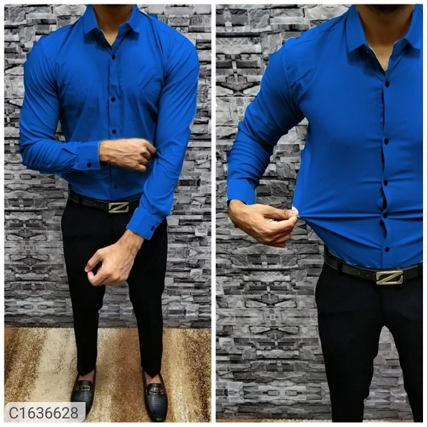 Lycra Stretchable Solid Slim Fit Full Sleeves Formal Shirts - Blue, L-41