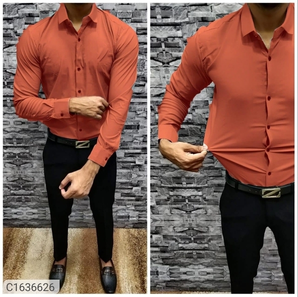 Lycra Stretchable Solid Slim Fit Full Sleeves Formal Shirts - Orange, M-39