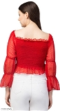 Women's Net Self Design Puff Sleeves Top - Red, L