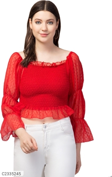 Women's Net Self Design Puff Sleeves Top - Red, XL