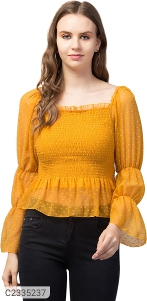 Women's Net Self Design Puff Sleeves Top - Yellow, M