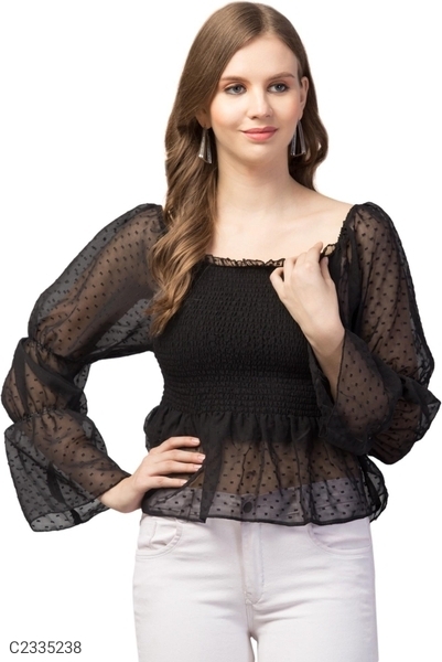 Women's Net Self Design Puff Sleeves Top - Black, XL