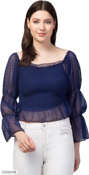 Women's Net Self Design Puff Sleeves Top - Blue, S