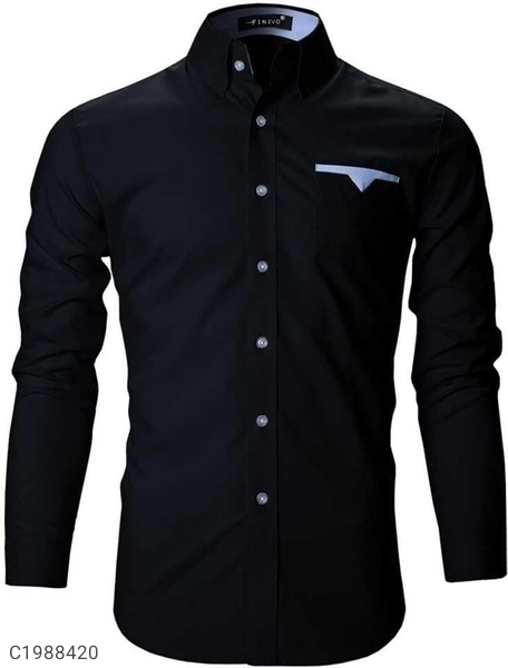 Cotton Solid Full Sleeves Regular Fit Casual Shirt - Black, XL
