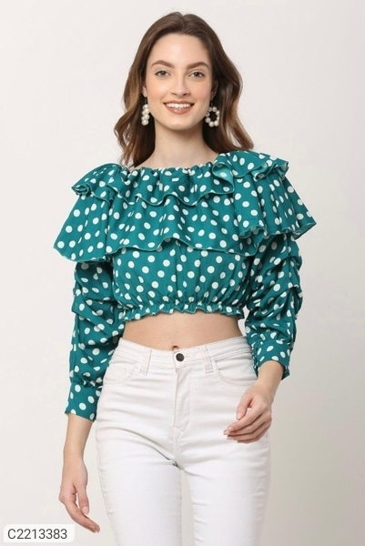 Women's Poly Cotton Polka Dot Layered Crop Top - Green, S