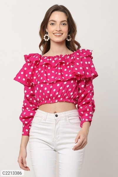 Women's Poly Cotton Polka Dot Layered Crop Top - Pink, L