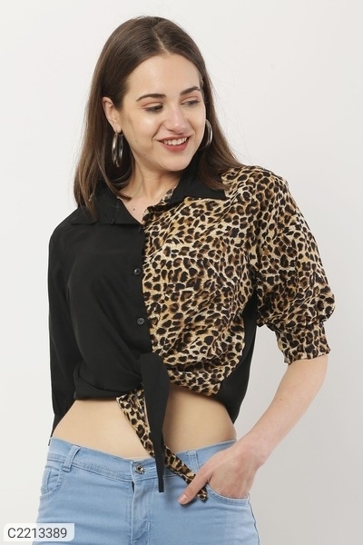 Women's Poly Crepe Printed Puff Sleeves Top - Black, XL