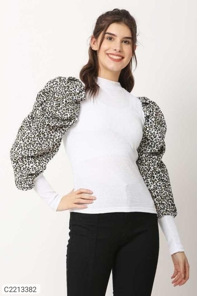 Women's Hosiery Printed Puff Sleeves Top - White, XL