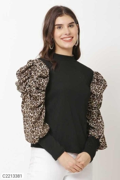 Women's Hosiery Printed Puff Sleeves Top - Black, XL