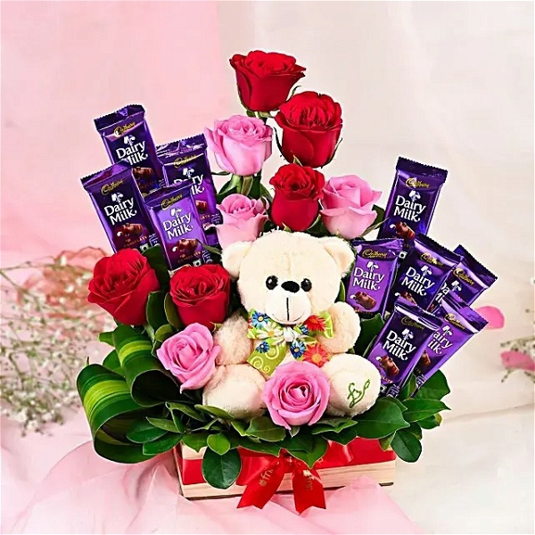 Roses, Teddy Bear & Chocolates Basket