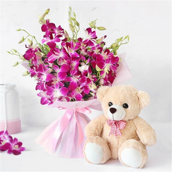 Orchids & Teddy Bear Bouquet