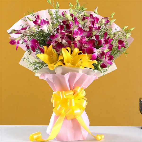 Purple Orchids & Yellow Lily Bouquet