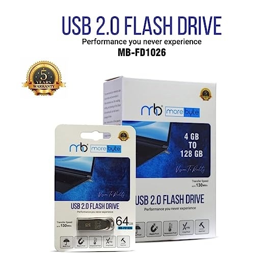 Morebyte 64gb 2.0 USB Pen Drive/Flash Drive with Metal Body External Storage Device Silver MB-FB1026 - 