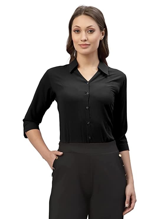 Women's Poly Viscose Solid Regular Fit Shirt - L, Black
