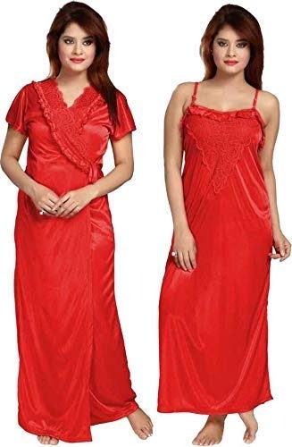 Women's Satin Plain/Solid Nightwear Set Pack of 2 - L, RED