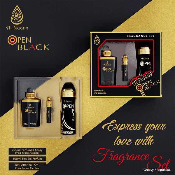 Al Nuaim OPEN BLACK Fragrance Set 3 In 1 - 200ML+100ML+6ML