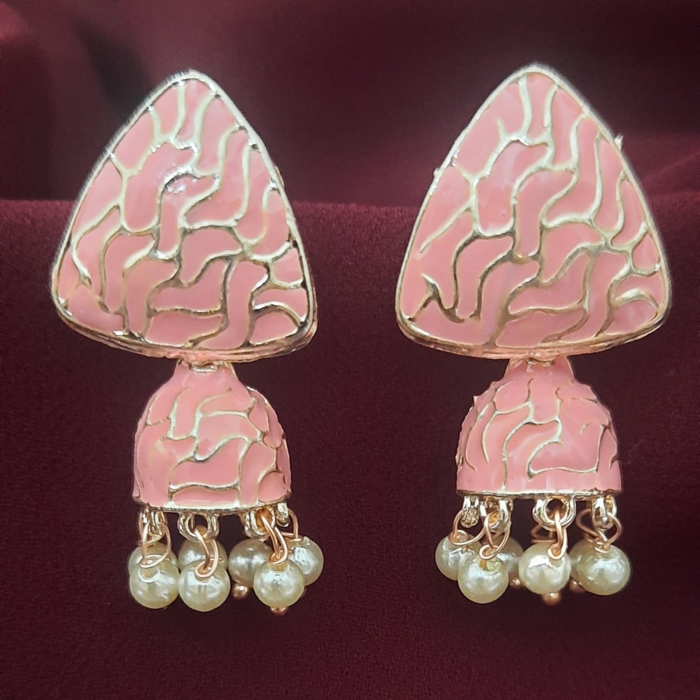 Gold A.D baby pink white earrings