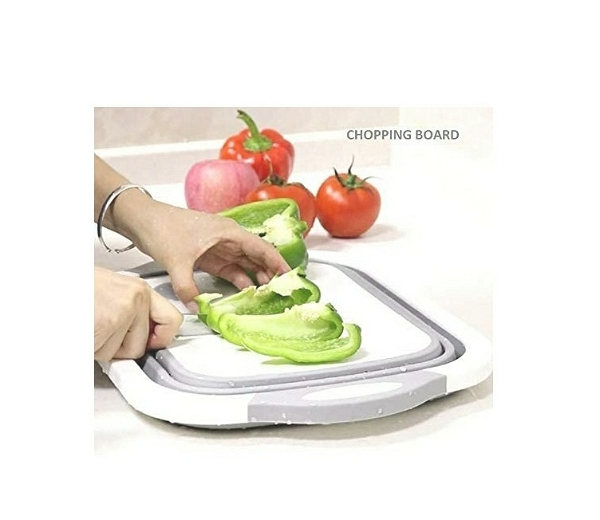 4 in 1 Multifunctional Silicon Based Kitchen Foldable Cutting, Chopping Board, Collapsible Dish Tub, Vegetable, Fruit Washing | Draining Basket with Plug | Folding Washbasin | Tray to Serve, Silicone - Chopping Board, Pack Of 1