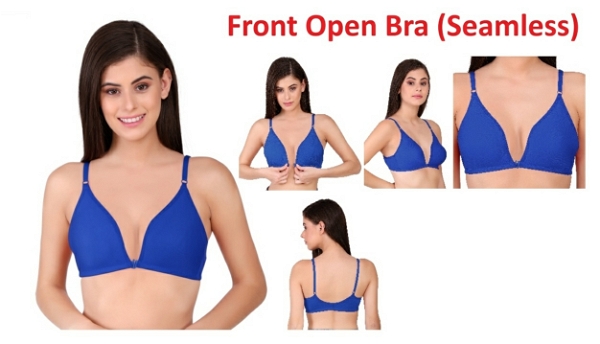 Women's Front Open Cotton Demi Bra - Blue, 38B, Front Open Bra