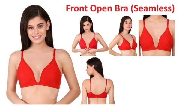 Women's Front Open Cotton Demi Bra - Red, 32B, Front Open Bra