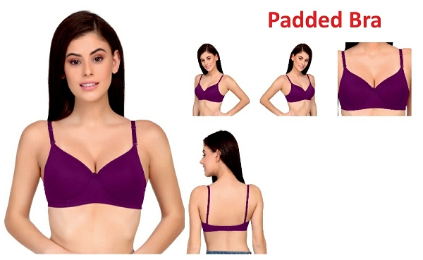 Women's Cotton & Polyester Lightly Padded Wire Free T-Shirt Bra - Purple, T Shirt Bra, 34B