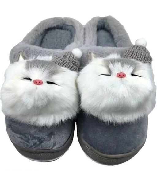 Winter Cute Cat Furr Slipper - IND-5, Gray