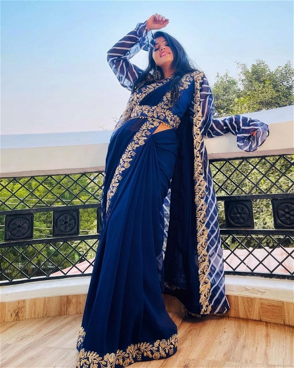 Superhit Style Lehriya Koti Saree With Blouse Piece - Navy Blue