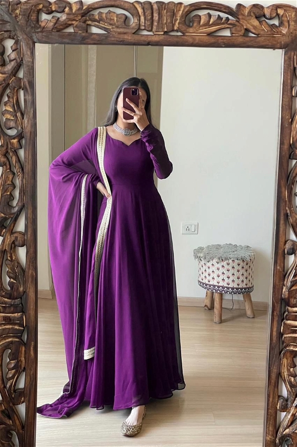 Simple Gown With Dupatta - Purple, XL