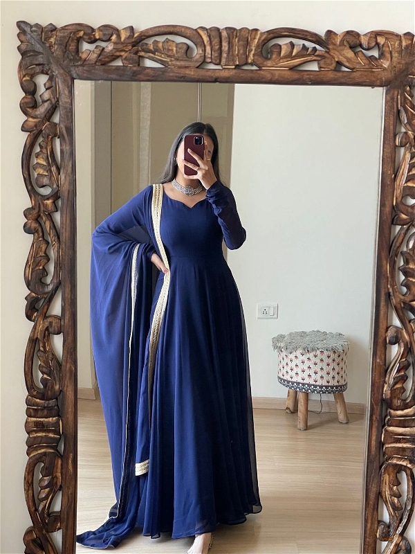 Simple Gown With Dupatta - Navy Blue, XXL