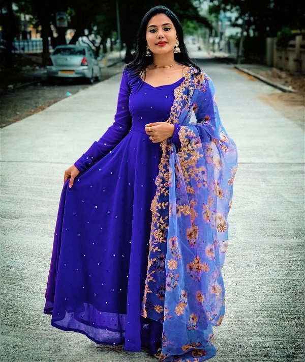 Designer Gown With Dupatta - Blue, M