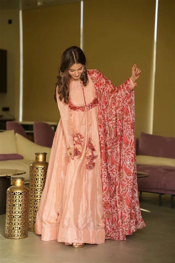 Beautiful Satin Silk Embroidery Gown With Dupatta - M
