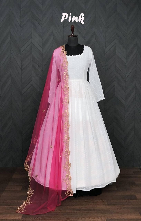 Partywear Gown With Dupatta - Fuchsia Pink, XL