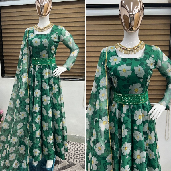 Organza Silk Digital Printed Gown With Dupatta - XL