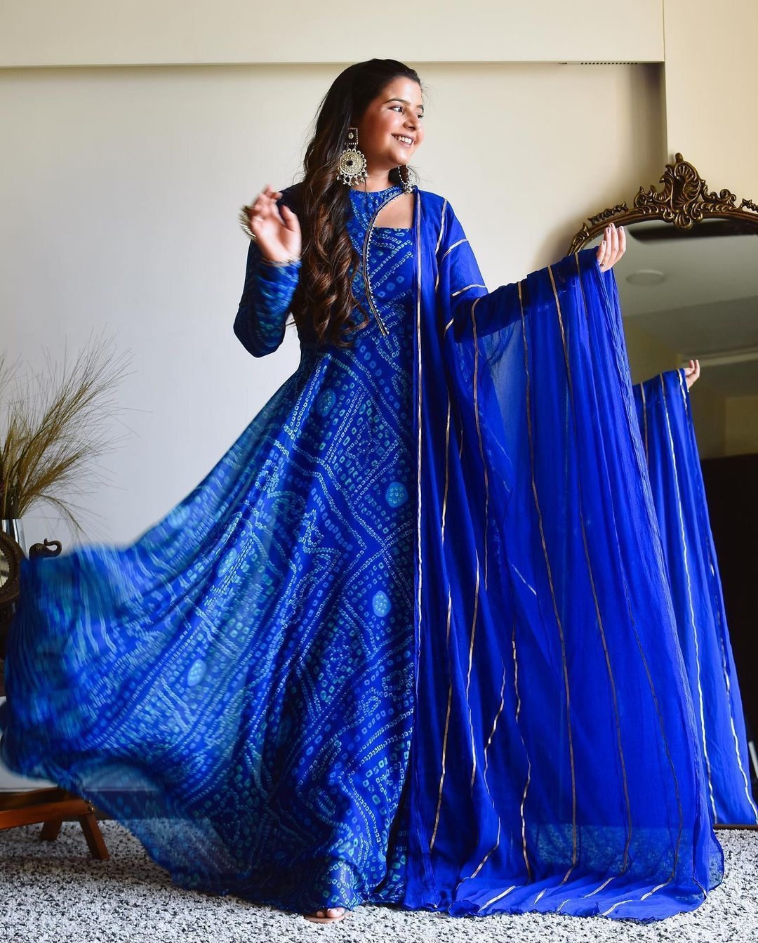 Virasat Morepinch Bandhani Print Dola Silk With Beautiful Hand Work  Designer Long Gown With Dupatta Set