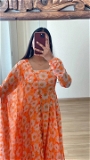 Floral Maxi Gown With Dupatta - Flush Orange, L