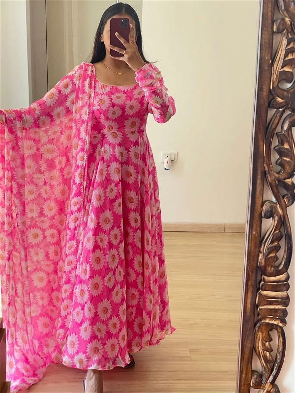 Floral Maxi Gown With Dupatta - Pink, XXL